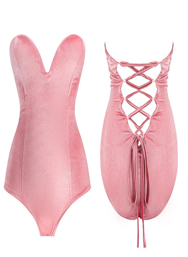 Cozypower Anime Women Velvet Bunny Costume Valentine's Day Outfit Suit Stockings Rabbit Headband Bow Tie Cosplay(Pink,S) - Image 2